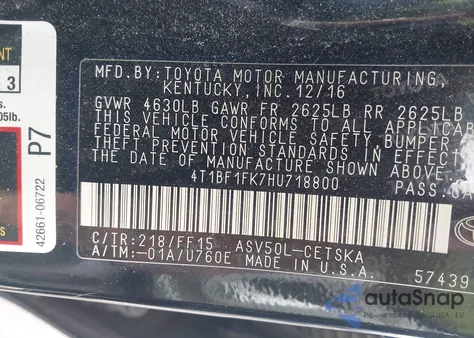 2017 Toyota Camry Se z USA, uszkodzony, nr VIN 4T1BF1FK7HU718800